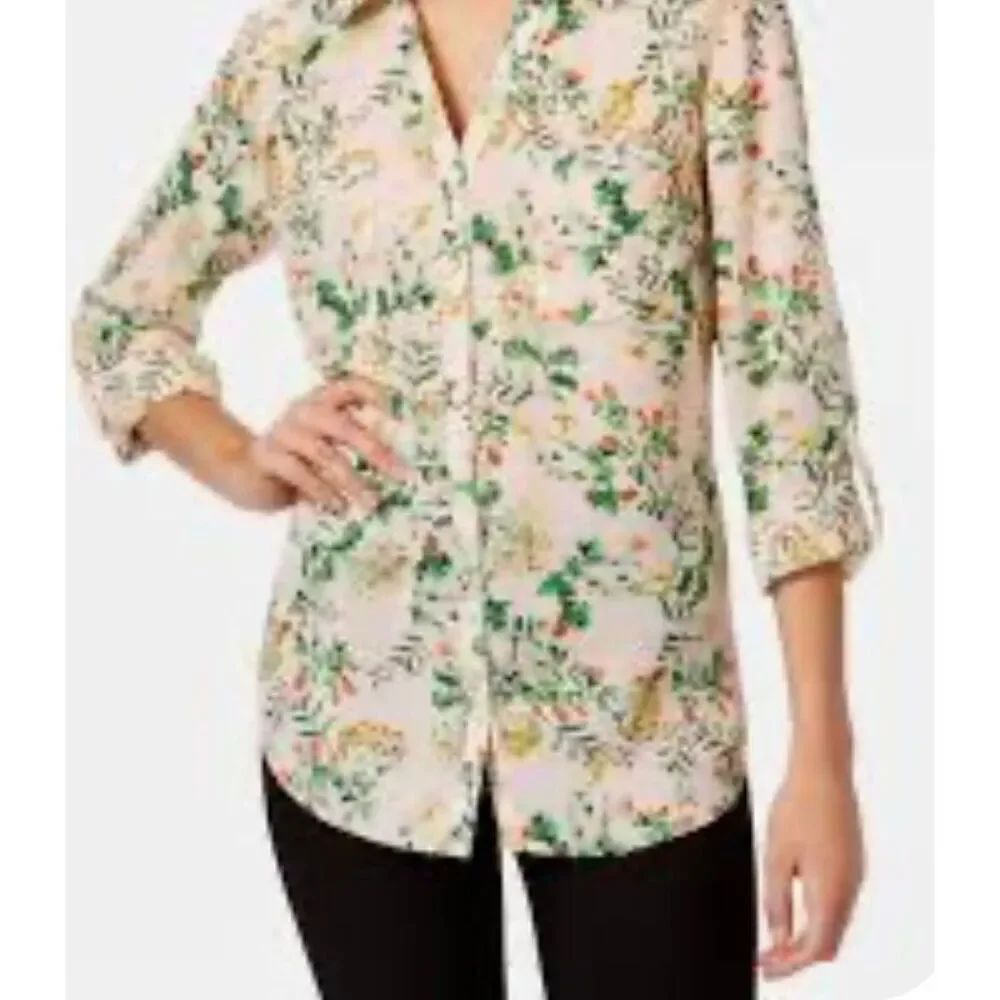 NY Collection Career Floral-Print Utility Shirt in a pink floral design Size S